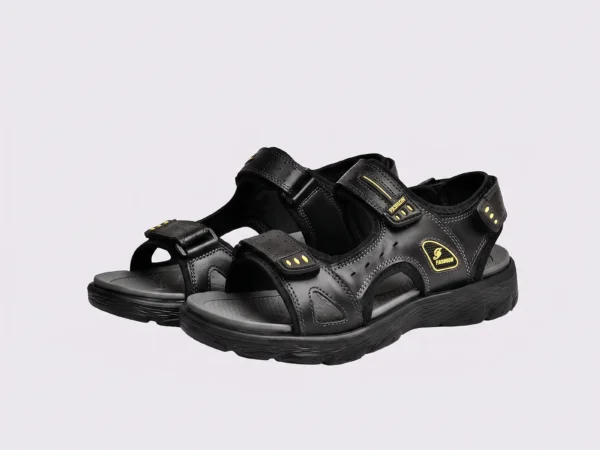 genuine leather men's beach slide sandals - soft sole thick platform outdoor wading slides in black, front 45-degree view of the pair on a light gray background