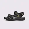 genuine leather men's beach slide sandals - soft sole thick platform outdoor wading slides in black, left side profile view on a light gray background