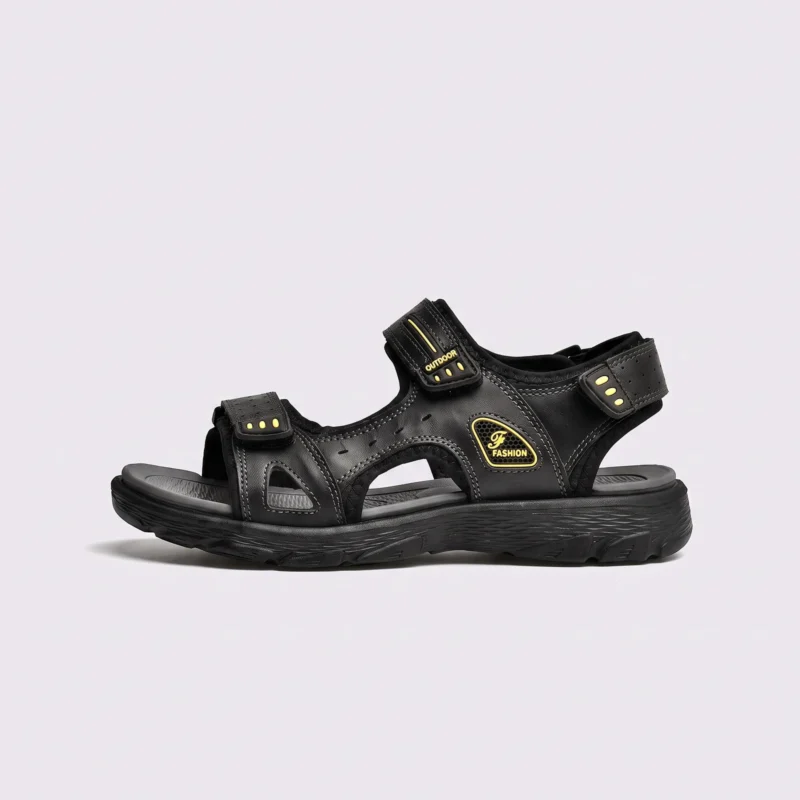 genuine leather men's beach slide sandals - soft sole thick platform outdoor wading slides in black, left side profile view on a light gray background