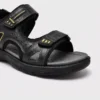 genuine leather men's beach slide sandals - soft sole thick platform outdoor wading slides in black, close-up view of the toe on a light gray background