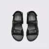 genuine leather men's beach slide sandals - soft sole thick platform outdoor wading slides in black, top-down view of the pair on a light gray background