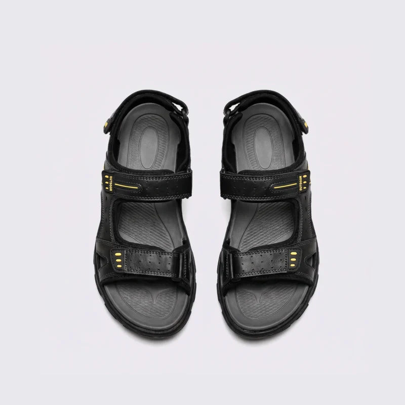 genuine leather men's beach slide sandals - soft sole thick platform outdoor wading slides in black, top-down view of the pair on a light gray background
