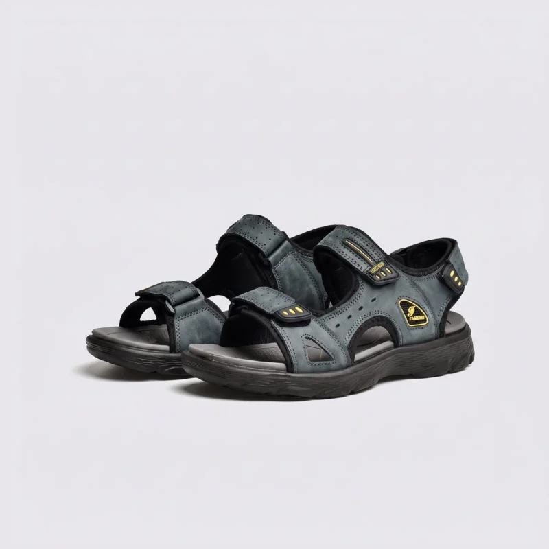 genuine leather men's beach slide sandals - soft sole thick platform outdoor wading slides in gray, front 45-degree view of the pair on a light gray background
