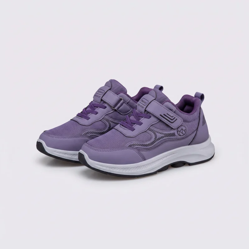 hook-and-loop walking sneakers slip-on soft sole non-slip comfort shoes for everyday walking, front 45-degree view of the pair on a light gray background