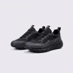 men's breathable chunky trail sneakers - lightweight hiking & casual walking shoes in black, front 45-degree view of the pair on a light gray background