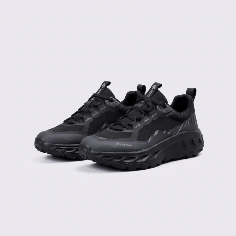 men's breathable chunky trail sneakers - lightweight hiking & casual walking shoes in black, front 45-degree view of the pair on a light gray background