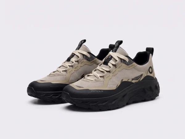 men's breathable chunky trail sneakers - lightweight hiking & casual walking shoes in khaki, front 45-degree view of the pair on a light gray background