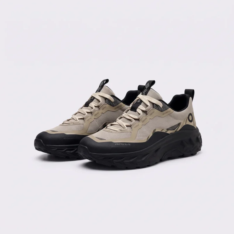 men's breathable chunky trail sneakers - lightweight hiking & casual walking shoes in khaki, front 45-degree view of the pair on a light gray background