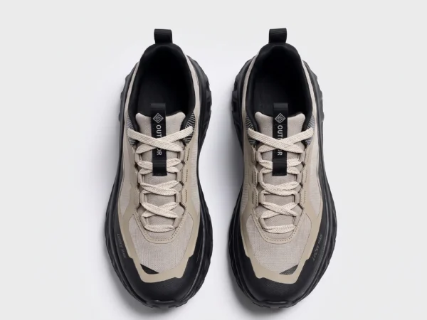 men's breathable chunky trail sneakers - lightweight hiking & casual walking shoes in khaki, top-down view of the pair on a light gray background