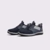 men's perforated mesh lace-up sneakers - thin summer walking shoes with a flex-groove sole in blue, front 45-degree view of the pair on a light gray background