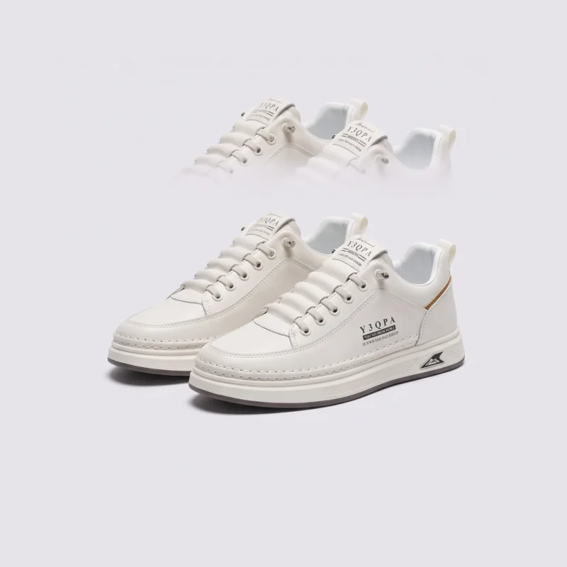 men's perforated slip-on sneakers - breathable knit casual walking shoes with cushioned sole in beige, front 45-degree view of the pair on a light gray background