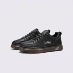 men's perforated slip-on sneakers - breathable knit casual walking shoes with cushioned sole in black, front 45-degree view of the pair on a light gray background