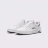 men's perforated slip-on sneakers - breathable knit casual walking shoes with cushioned sole in white, front 45-degree view of the pair on a light gray background