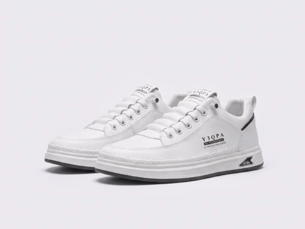 men's perforated slip-on sneakers - breathable knit casual walking shoes with cushioned sole in white, front 45-degree view of the pair on a light gray background