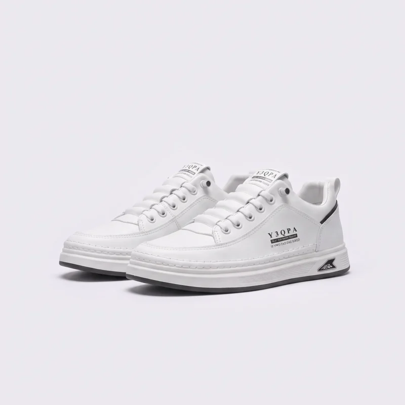 men's perforated slip-on sneakers - breathable knit casual walking shoes with cushioned sole in white, front 45-degree view of the pair on a light gray background