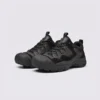 men's rubber toe cap trail shoes - flexible grippy outdoor work & hiking sneakers in black, front 45-degree view of the pair on a light gray background