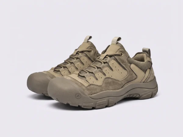 men's rubber toe cap trail shoes - flexible grippy outdoor work & hiking sneakers in khaki, front 45-degree view of the pair on a light gray background