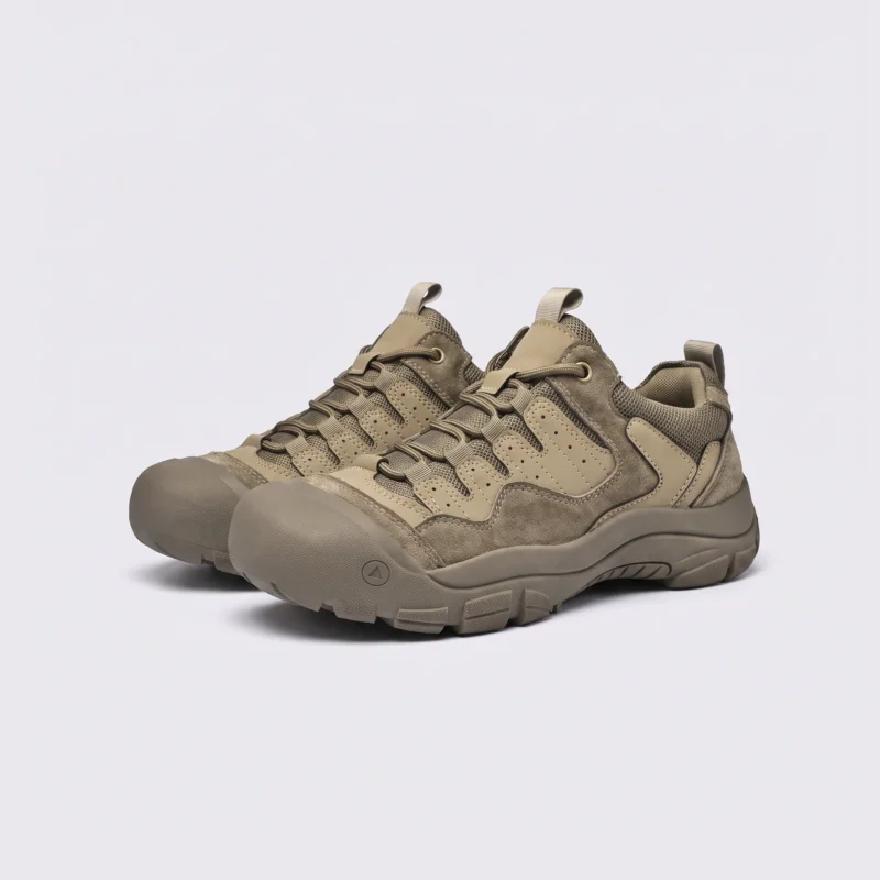 men's rubber toe cap trail shoes - flexible grippy outdoor work & hiking sneakers in khaki, front 45-degree view of the pair on a light gray background