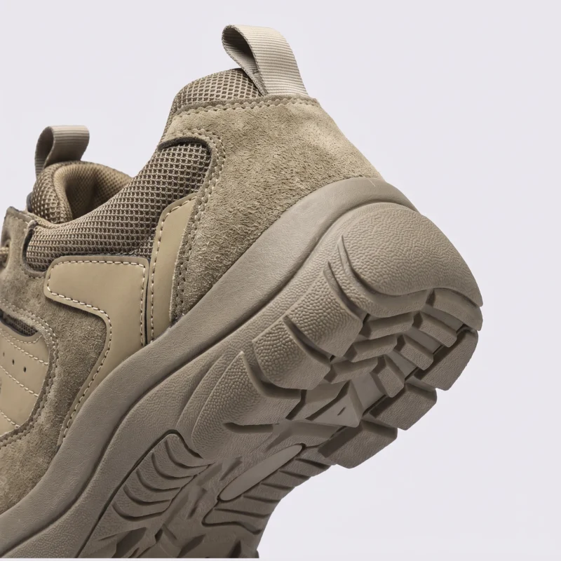men's rubber toe cap trail shoes - flexible grippy outdoor work & hiking sneakers in khaki, close-up view of the heel on a light gray background
