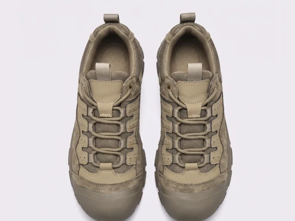 men's rubber toe cap trail shoes - flexible grippy outdoor work & hiking sneakers in khaki, top-down view of the pair on a light gray background
