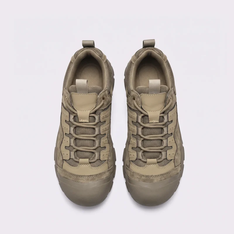men's rubber toe cap trail shoes - flexible grippy outdoor work & hiking sneakers in khaki, top-down view of the pair on a light gray background