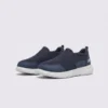 men's slip-on mesh casual sneakers - lace-free lightweight shoes with a cushioned thick sole in navy, front 45-degree view of the pair on a light gray background
