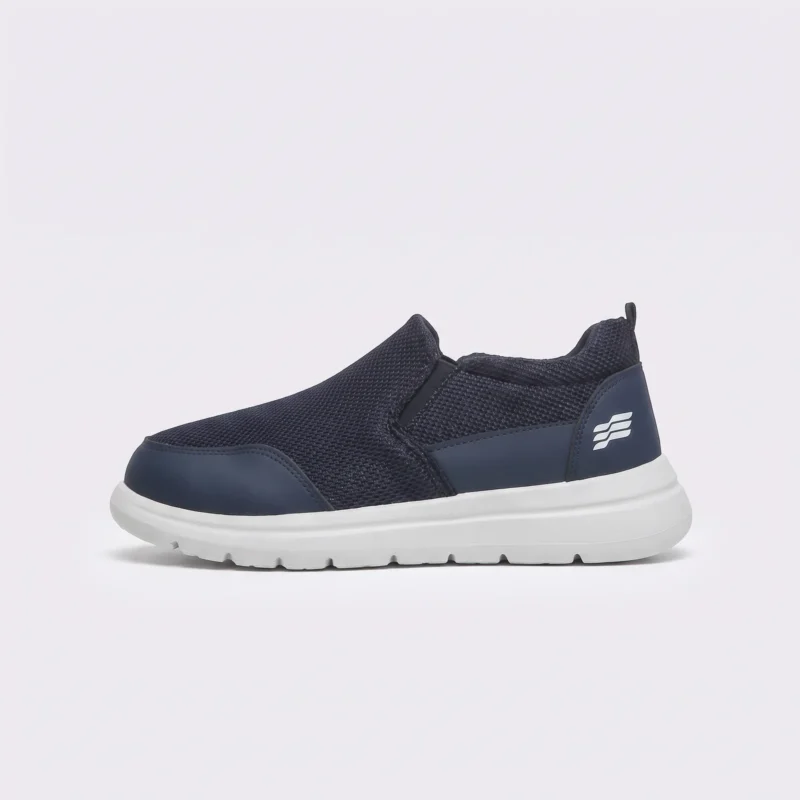 men's slip-on mesh casual sneakers - lace-free lightweight shoes with a cushioned thick sole in navy, left side profile view on a light gray background