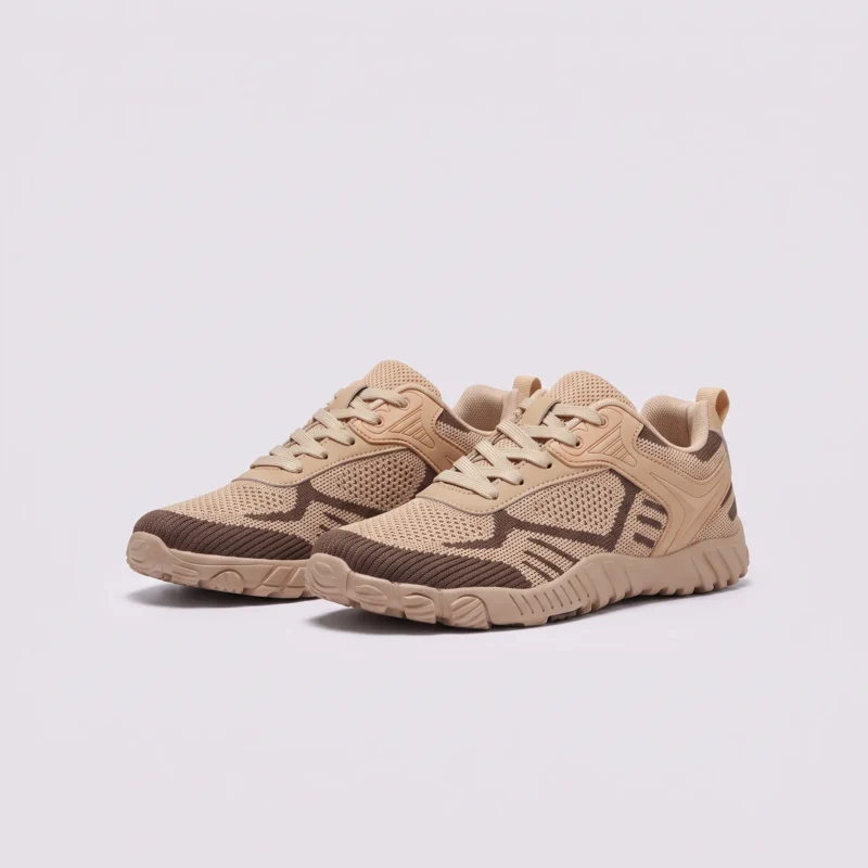 wide-toe knit trail sneakers - flexible thickened rubber outsole with a cushioned insole in khaki, front 45-degree view of the pair on a light gray background