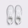 wide-toe knit trail sneakers - flexible thickened rubber outsole with a cushioned insole in white, top-down view of the pair on a light gray background