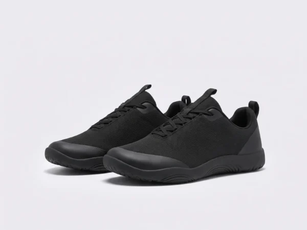 men's wide toe box outdoor casual shoes - breathable lightweight walking & trail sneakers in black, front 45-degree view of the pair on a light gray background
