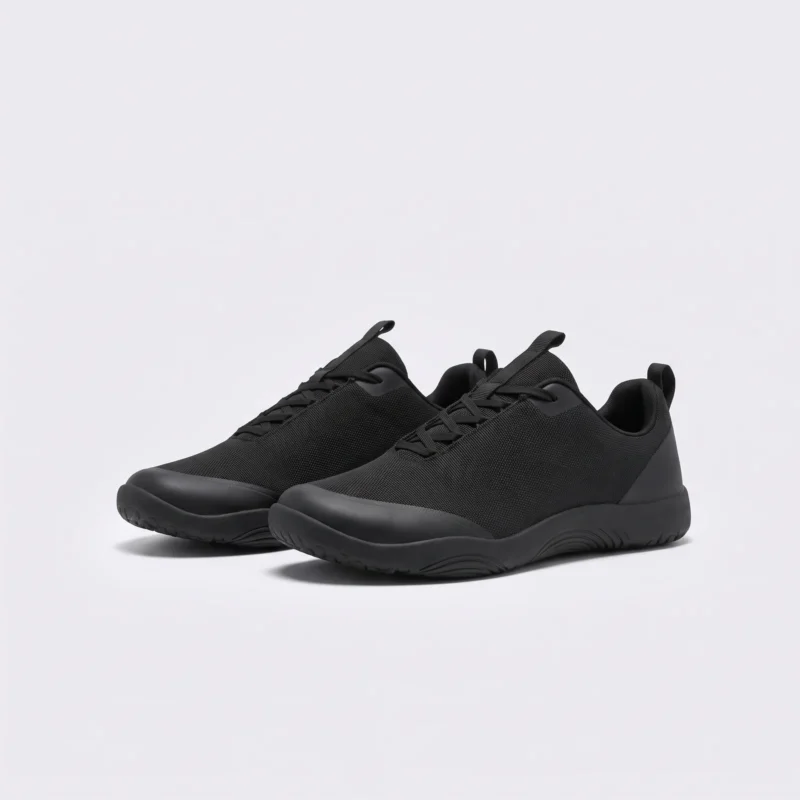 men's wide toe box outdoor casual shoes - breathable lightweight walking & trail sneakers in black, front 45-degree view of the pair on a light gray background