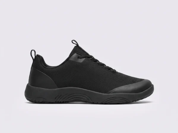 men's wide toe box outdoor casual shoes - breathable lightweight walking & trail sneakers in black, left side profile view on a light gray background