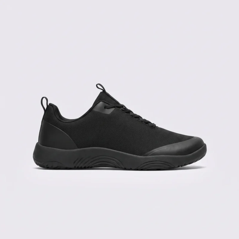 men's wide toe box outdoor casual shoes - breathable lightweight walking & trail sneakers in black, left side profile view on a light gray background
