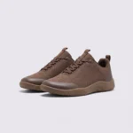 men's wide toe box outdoor casual shoes - breathable lightweight walking & trail sneakers in brown, front 45-degree view of the pair on a light gray background