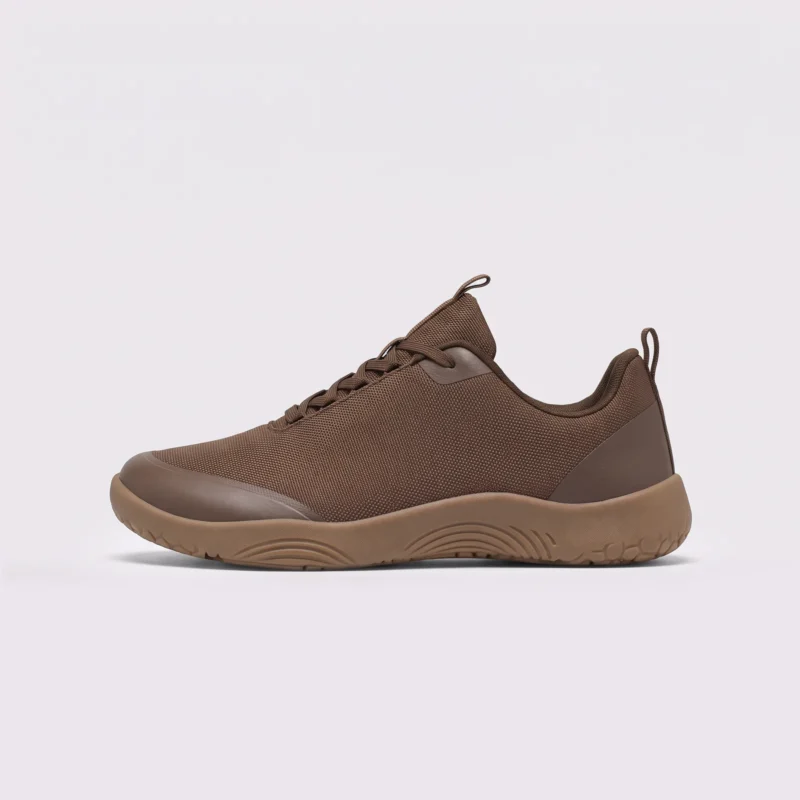 men's wide toe box outdoor casual shoes - breathable lightweight walking & trail sneakers in brown, left side profile view on a light gray background