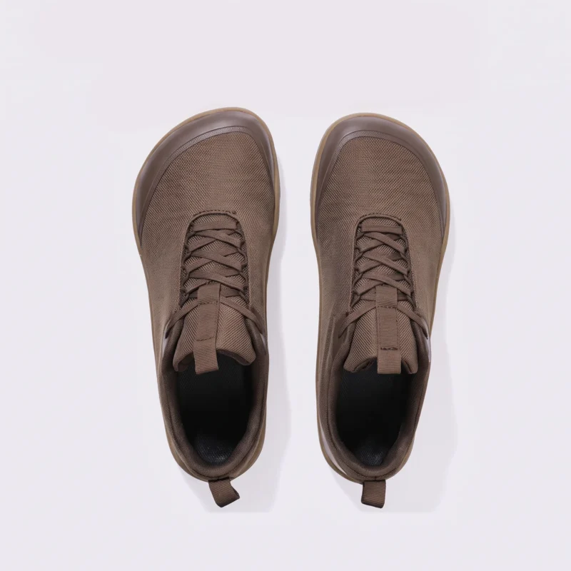 men's wide toe box outdoor casual shoes - breathable lightweight walking & trail sneakers in brown, top-down view of the pair on a light gray background