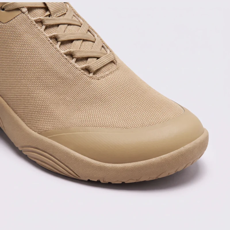 men's wide toe box outdoor casual shoes - breathable lightweight walking & trail sneakers in khaki, close-up view of the toe on a light gray background