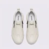 zip slip-on casual sneakers - lace-free smooth-upper shoes with a lugged thick sole in cream, top-down view of the pair on a light gray background