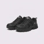 Pair of black AZEKA outdoor trail hiking shoes, front 45 degree view, thick black lug outsole on light gray background