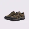 Pair of brown AZEKA outdoor trail hiking shoes, front 45 degree view, thick black lug outsole on light gray background