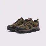 Pair of brown AZEKA outdoor trail hiking shoes, front 45 degree view, thick black lug outsole on light gray background