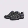 Pair of gray AZEKA outdoor trail hiking shoes, front 45 degree view, thick black lug outsole on light gray background