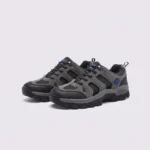 Pair of gray AZEKA outdoor trail hiking shoes, front 45 degree view, thick black lug outsole on light gray background
