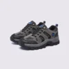 Pair of olive green AZEKA outdoor trail hiking shoes, front 45 degree view, thick black lug outsole on light gray background