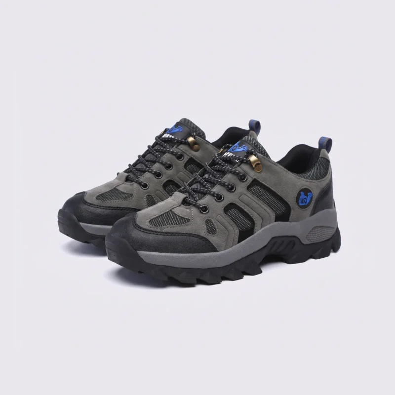 Pair of olive green AZEKA outdoor trail hiking shoes, front 45 degree view, thick black lug outsole on light gray background