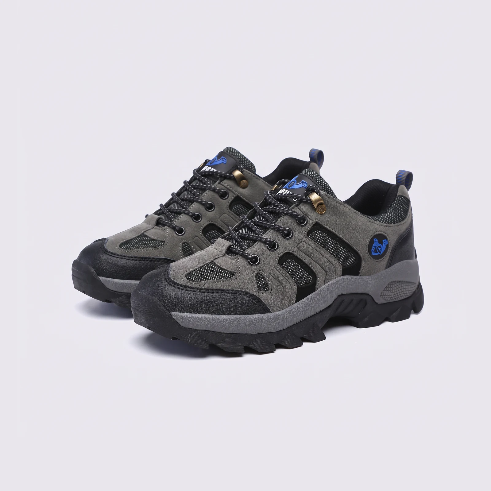 Pair of olive green AZEKA outdoor trail hiking shoes, front 45 degree view, thick black lug outsole on light gray background