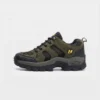 Side profile of olive green AZEKA hiking shoes showing lace-up closure with quick-lock buckle and thick non-slip sole