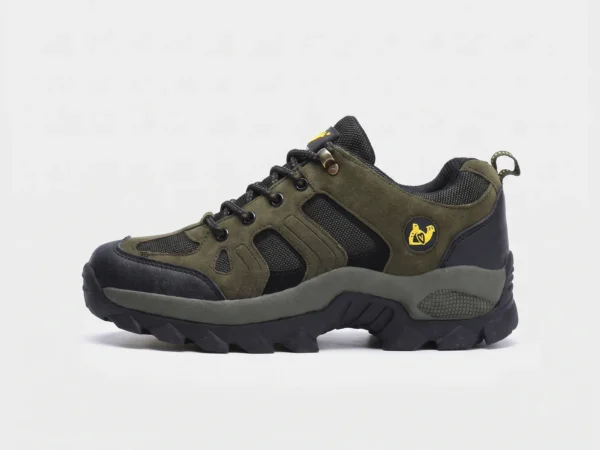 Side profile of olive green AZEKA hiking shoes showing lace-up closure with quick-lock buckle and thick non-slip sole