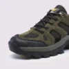 Close-up of the reinforced rubber toe cap of olive green AZEKA trail hiking shoes