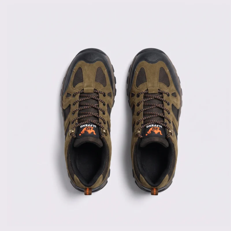Top-down view of a pair of olive green AZEKA hiking shoes with quick-lock lace closure